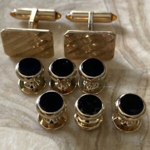 Vintage Krementz Gold-Filled Cufflinks with Matching Studs – Amber Glass – Early